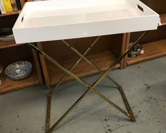 Great white enamel Serving tray on folding legs.  Finish on legs needs to be redone - from West Elm