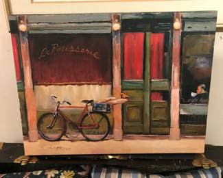 Nice street scene print on canvas.  Notice little bird on back of bike