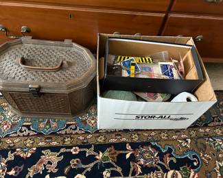 SEWING BOX AND SEWING ITEMS.