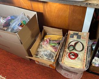 Full box of wool for needlepoint, pearl cotton for crafting, quilling supplies, ribbon