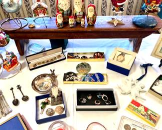 More ornaments, Men's Tissot watch, Marquis by Waterford votive holder, Haviland Limoges ornaments, proof set, costume rings