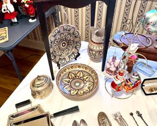 Older paper Easter Eggs, silver plate, Spanish art pottery