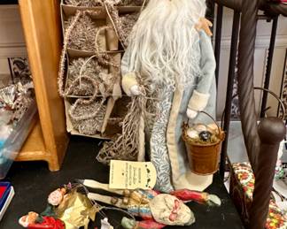 House of Hadden ornaments, Byers Choice Caroling Beach Santa, vintage snowballs on a string in original box.