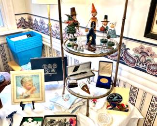 Lori Mitchell figurines, Dungeons & Dragons figurines, Limoges boxes, Milk glass dresser box, Baccarat #1 paperweight, Belsnickle mini Santa in box
