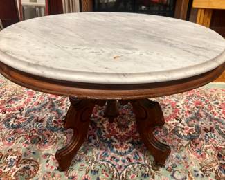 Antique wood table with white marble top- 18"hx30"w- $200 or best offer