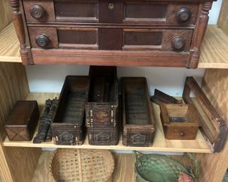 Nice old spool cabinet - sewing machine drawers - baskets