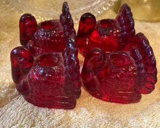 Red glass turkeys - candle holders 