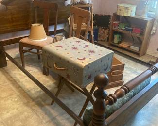 Nice vintage bed, chairs, suitcase, luggage rack, ladder/ironing board, wooden chest