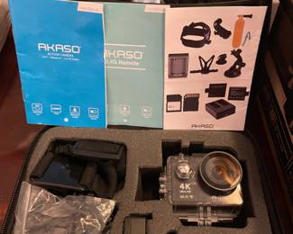 Akaso 4K WiFi Action Camera in case with memory and accessories. $65.00