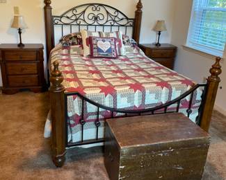 Queen bedroom set: Bed w Beautyrest mattress $250, dresser w mirror $250, chest of drawers $225, night stands $100 each.  Complete set $750.00