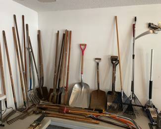 Hand tools: shovels, rakes, axe, post diggers, pruning saws