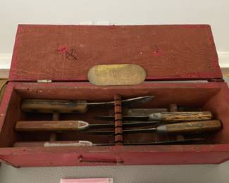 Primitive box with OLD knives and brass name badge from the maker. This was made by a family member many years ago.