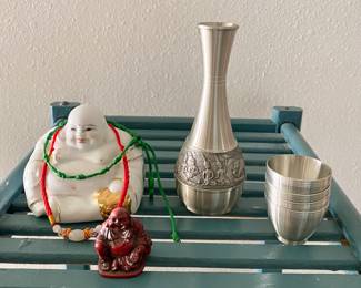 Vintage Pewter Sake Set, Vintage laughing Buddha red figure 1 1/2" tall, Ceramic Buddha Statue. 