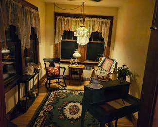 Desk stained glass hanging lamp and rocker.