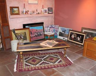 Stained glass panel table, rugs and art primarily Native American/ New Mexico styles