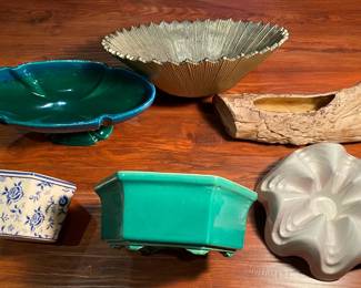 Vintage Haeger Pottery Planter Compote 3003 $25; Nate Berkus Starburst Metal Decorative Bowl $20; Vintage Haeger Pottery Planter 4003 $20; Frankoma WAI Wavy Pottery $20; Delft Pottery Planter $20; Unique Log Planter $10.