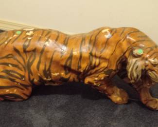 Vintage Life Size Ceramic Siberian Tiger Sculpture.  He is 4 foot long !    He needs some loving restoration.