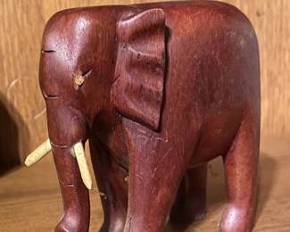 Carved Wood Elephant Trunk Up with Tusks. Vintage 4" x 4.5" x 2.5" 