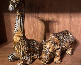 Rare Vintage La Vie Giraffe (10 1/2") and Rhinoceros Safari Patchwork Decoupaged Glazed Figurines 