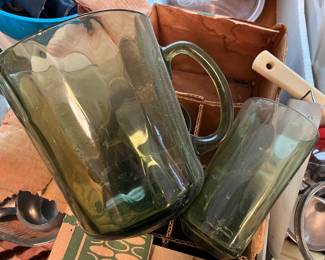 Green glass pitcher and tumbler set....