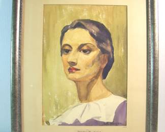 Lot 93: 1948 Watercolor portrait of "Gina" by Russell Auwerter III (U of M grad, lived in Huntington Woods) 10 1/2" x 15" (sight), signed lower right in a silver gilt frame, 18 1/2" x 22".  Cond: No damage found.         Est. $75-100.