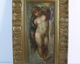 Lot 50: 19th C. Oil on canvas of an Italian Fresco of a Male Putti, canvas layed down, unsigned, 6 3/4" x 14 1/2" h. in a gilt frame 12" x 20".  Cond: No damage found.  Est. $ 100 - 200.