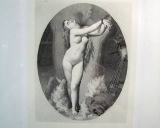 Lot 6: C/1870 French engraving of a chained young female nude "L'Angelique" after Jean Auguste Dominique Ingres (1780-1867), plate engraved by Leopol Flameng (1831-1911) in a silver gilt frame 18" x 22".  Cond.  No damage found.  Est.  $75-100.