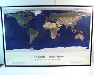 Lot 100:  Dated 1990 Color Litho of "The Earth - From Space", A New View of the World" in a Plexi Frame, 24" x 36".  The Earth's surface is cloudless and requires 10 months of satellite views to assemble into this view.   Cond: No damage found.  Est. $40-60.