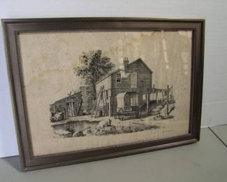 Lot 109:  C/1860 Currier & Ives Lithograph of East Brooklyn, Long Island, NY Farmhouse with Livestock in a wood frame, 10" x 14" w.  Cond:  Water stain, corner chip on frame.   Est. $40 - 60.