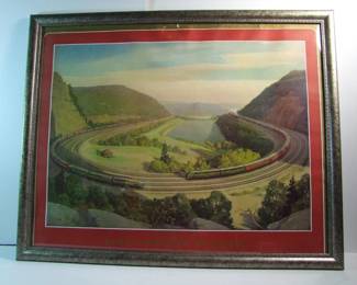 Lot 90:   Dated 1951 Pennsylvania Railroad Lithograph of the "The Horseshoe Curve" in a silver gilt frame, 30 1/2" x 24 1/2" signed by Grif Teller (1899-1993).  Cond: Some small creases at the top, small repair on bottom edge.  Est. $75-125.