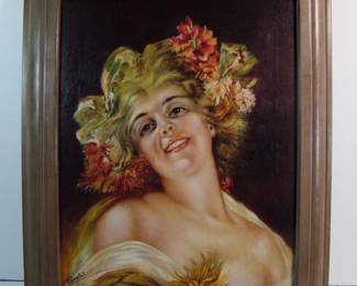 Lot 20: C/1890 Oil Portrait of a pretty Girl signed F. Pignotelli (Italian, Early 20th C.) in lower left, 16" x 20" h. in a wood frame 20 1/2" x 25" h.  Cond: A few old repairs and in-painting with patches on back.  Frame has moderate wear.     Est. $ 150 - 250.