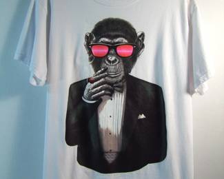 Lot 10: Unique Artist Designed T-Shirt (XL Size) of a Chimpanzee in Tux smoking a cigar.   Cond:  Like New.  Est. $40-60.