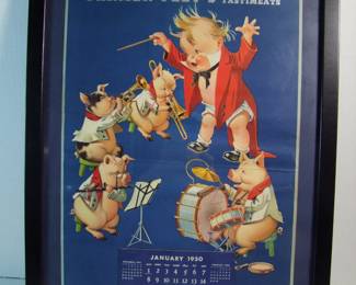 Lot 17: Dated 1950 "Farmer Peet's" advertising calendar with a pig band lead by a toddler, by Charles H. Twelvetrees (NY, 1872-1948) in a black frame 17 1/2" x 21 1/2".  Cond: Horizontal crease across the middle.  Est. $60-80.  Note:  Farmer Peet's Meats was a Michigan Company.