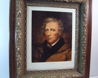 Lot 78:   1950's Color litho of Daniel Boone, 16" x 20" by John James Audubon, from the Audubon Memorial Museum, in a 1880 Victorian oak frame 25 1/2" x 29"   Cond:  Minor wear to the frame, no print damage.      Est. $100 - 150.