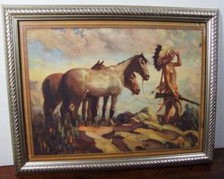 Lot 102:  Dated 1935 Color Litho “The Horse Trader” by H. M. Herget (American, b.1890) in a silver gilt frame, 18” x 14” h.  Cond:  No Damage Found.    Est.  $30 - $60.