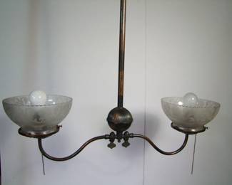 Lot 32: C/1890 Copper double Gas Hanging Lamp.  Electrified, etched shades w/scalloped edges, 31" h. x 25" w. x 8" deep.  Purchased from Materials Unlimited.  Cond:  No damage found.    Est. $150 - 250.