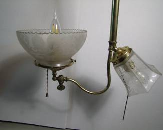 Lot 33:  1895 Brass Combination Gas and Electric transitional hanging lamp, etched shades.  36" h x 16" w. x 8" deep. Purchased from Materials Unlimited.  Cond:  Polished and lacquered, no damage found.  Est. $125 - 175.