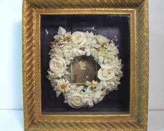 Lot 86: 1890 Memorial Shadowbox Victorian frame with silk flowers, coffin plate and studio photo of Mr. Huser Liebling, Trolley Motorman, San Antonio, Texas, 16" x 17" x 6" deep.  Cond:  Minor frame wear.  Est. $100-150.