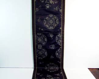 Lot 74:  19th C. Chinese Silk Alter cover, 13 1/2" x 54" long, floral and wave embroidery.  Cond: Minor wear with panel separation from border strip at one end, light toning overall.  Unframed.  Est. $ 50 - 100.