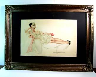 Lot 5: Rare 1943 Printers Proof of the Alberto Vargas (1896-1982) illustrated movie poster "DuBarry Was a Lady", a proof before the movie poster text was overlayed.  15 1/4" x 23 1/2" in a 1930's gilt frame 27 1/2" x 37 1/2".  Cond:  Slight toning across the top edge, frame has some corner nicks and was repainted.   Est. $300-500. NOTE: This is the last of 5 that were found!