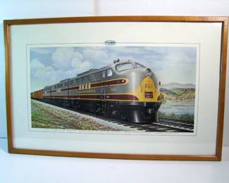 Lot 88: 1945 Color Lithograph of GM Locomotive "Lackawanna #601".  Wartime production of the diesel freight with 4050 h.p., illustrated by Ben Dedek (1896-1973) in a maple frame 27" x 17" h.  Cond:  No damage found.  Est. $ 100-150.
