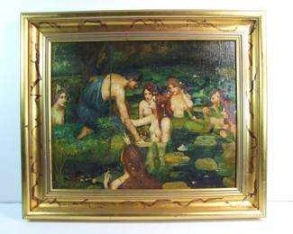 Lot 35: After John William Waterhouse (UK, 1849-1916) "Hylas and the Nymphs", C/1910 oil on canvas on wood panel, depicts water nymphs seducing a young man, 16" x 20" w. in a gilt wood frame 26" x 22" h.  Signed indiscernibly in lower left. Originally painted in 1896. Cond: Varnish is darkening and needs cleaning, frame shows minor wear.   Est. $150 - 250.