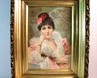 Lot 94: 1880 Victorian Chromolitho portrait of a pretty lady, 10" x 14" in a Victorian gilt frame w/wood back, 16" x 20".  Cond:  Moderate wear to the frame, no damage to the print.  Est. $ 75-125.