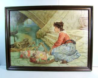 Lot 31: C/1920 Oil on canvas of a Venetian Flower Seller, unsigned, 28" x 20" h. in a wood frame 31" x 22" h.  Cond: No damage found.   Est. $ 100 - 200.