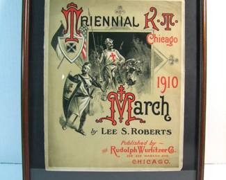 Lot 24: Dated 1910 Lithographic Sheet Music for a March with Knights Templers pictured, 11" x 14" in a wood frame 14 1/2" x 17 1/2".  Cond:  Sheet music has minor soiling and rounded corners.  Est. $50-70.