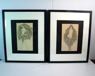Lot 7: Pair of C/1960's Original Pen and Ink Illustrations of a young female nude, both signed "Lee", lower edge.  Both 6 1/2" x 11", both in wood frames 17" x 21".  Cond:  Both have light toning overall, one with very light spots on bottom.  Est. $150-200. NOTE: There are multiple 1960's artist known as "Lee".