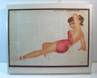 Lot 1:  C/1948 Esquire Pin-up "The Petty Girl" by George Petty (1894 - 1975) in a Plexi 3-D frame, 20" x 16".   Cond:  Minor scratches to frame, small water stain in upper right corner of print.  Est. $ 60-80.