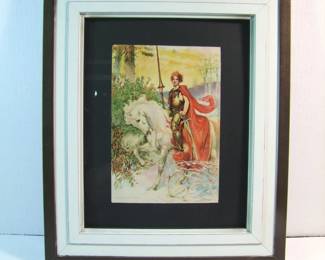 Lot 26: Dated 1899 Color Litho of a Knight on White Horse signed Charles Louis Hinton (1869-1950).  7" x 10" in a contemporary painted frame 15 1/2" x 18 1/2"  Cond:  Minor frame wear.  Est. $40-60.