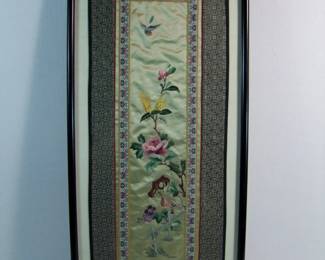 Lot 71:   19th C. Asian Embroidery Panel of Bird and Flowers, 9" x 23" in a wood frame, 12" x 26".  "Arwin Gallery" label on the back.  Cond: No damage found.  Est. $ 75 - 125.
