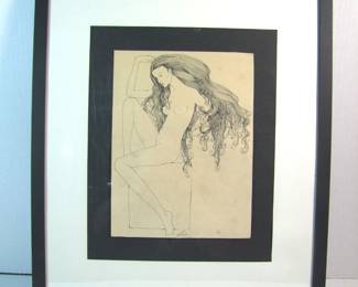 Lot 8: C/1960's Original Pen and Ink Illustration of a young female nude, detailed, signed "Lee" lower center, 8" x 10 1/2" in a wood frame 17" x 21".  Cond:  Slight toning overall.  Est. $100-150.